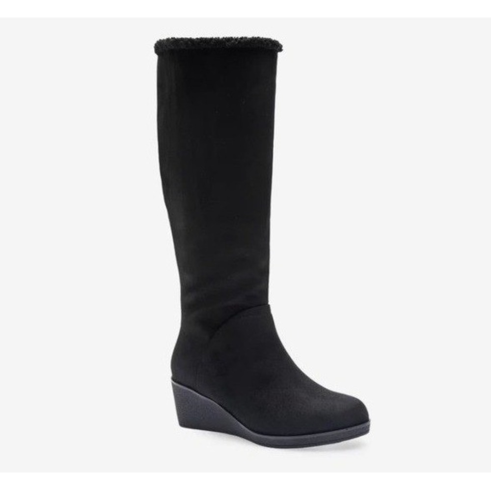 Aerosoles Binocular Women Black Faux Suede Tall Wedge Boots Faux Fur Trim Size 8